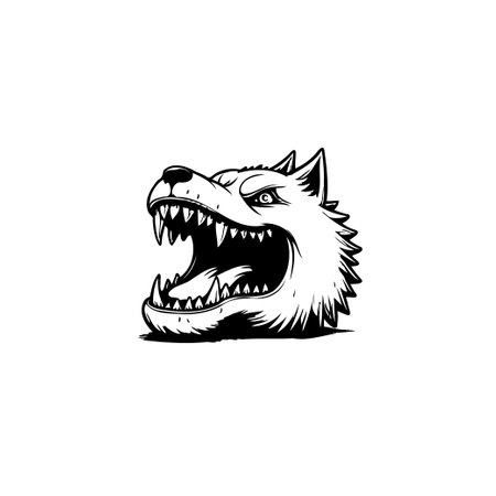 Detailed black and white graphic illustration showcasing a stylized wolf head. Open mouth revealing sharp teeth conveys an aura of fierce aggression.のイラスト素材