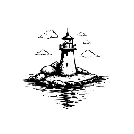 Monochrome illustration of a lighthouse perched atop a rocky islet. The iconic beacon stands tall against a backdrop of fluffy clouds, symbolizing guidance and safety on the open sea.のイラスト素材