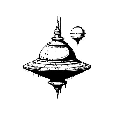 An ink illustration depicts a stylized floating structure with a domed top and multiple levels. A smaller spherical object drifts nearby. The design evokes a sense of sci-fi fantasy and architectural ingenuity.のイラスト素材