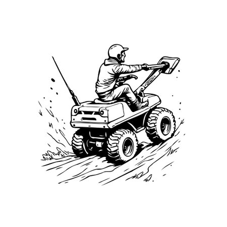 An illustration showcases a solitary figure operating a compact all-terrain vehicle with an attached shovel, rendered in a clean black and white outline drawing.のイラスト素材