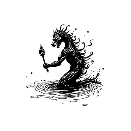 Monochrome image showcases a dragon-like creature rising from water, drawn with dark ink on a white background, evoking a sense of mystique and imagination.のイラスト素材