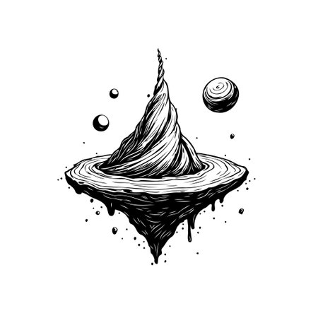 A monochrome illustration of a floating island with a surreal, twisted peak, surrounded by suspended spheres. The detailed linework and textured shading create an imaginative, dreamlike landscape.のイラスト素材