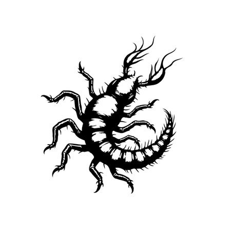 A detailed monochrome drawing depicts a spiky, stylized arthropod-like creature with a dangerous, segmented tail. Isolated against a white backdrop, it evokes a sense of the bizarre and unknown.のイラスト素材
