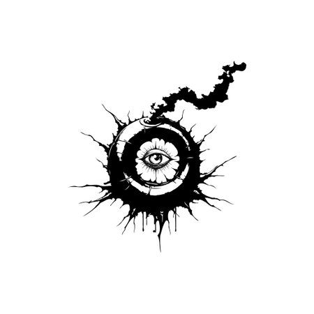 A stylized monochrome graphic showcases an eye nestled within a flower, contained in a spiky sphere. The image suggests a complex interplay between beauty, danger, and the surreal, rendered in a unique illustrative style.のイラスト素材