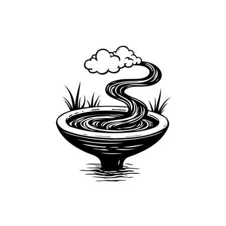 A monochrome illustration depicts a bonsai tree cascading water into a stylized pot, conveying serenity and the essence of nature in a miniature artistic form.のイラスト素材