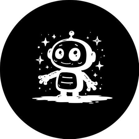 A white illustration depicts a small, cheerful robot surrounded by stars. The design combines a simple, cartoonish style with elements of science fiction, creating a whimsical and imaginative image.のイラスト素材