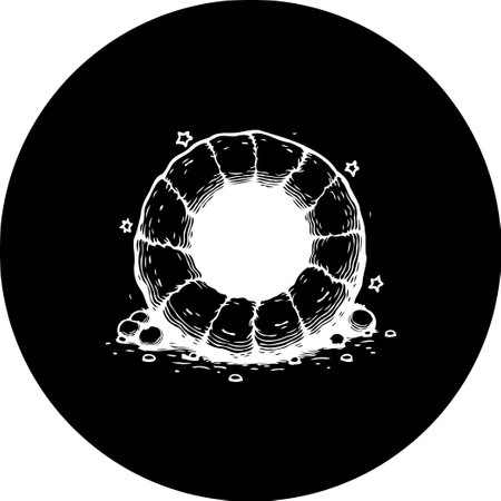 This graphic features an abstract, hand-drawn style doughnut illustration in black and white. The doughnut appears to be dusted with sparkles and sits against a solid black circular background.のイラスト素材