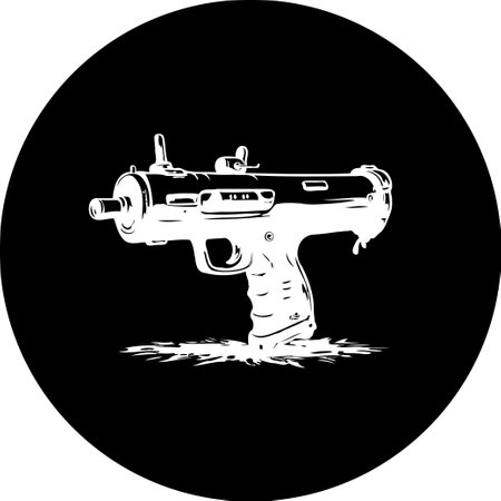 Striking graphic illustration of a firearm, rendered in high contrast black and white. The design features splattered elements, adding a raw and edgy feel to the dangerous weapon.のイラスト素材