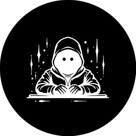 This monochrome art showcases a hooded figure, shrouded in mystery. The minimalist style emphasizes the themes of anonymity, digital activity, and a sense of cryptic action.のイラスト素材