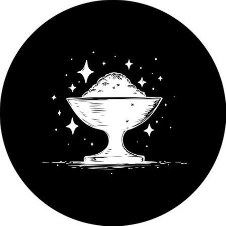 A stylized monochrome image features a dessert in a decorative bowl, surrounded by stars, set against a black background. The illustration presents a refined aesthetic with an enchanting vibe.のイラスト素材