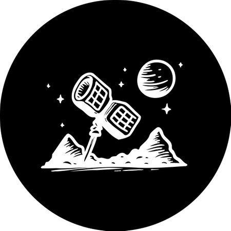 Monochromatic digital artwork showcasing a satellite deployed on a surface reminiscent of the moon, surrounded by scattered stars and the lunar sphere, portraying abstract space exploration.のイラスト素材
