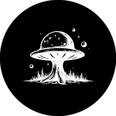 A captivating monochrome illustration displays a stylized mushroom on a dark, circular canvas. The contrast highlights the mushroom's unique botanical form and ethereal, whimsical charm.のイラスト素材