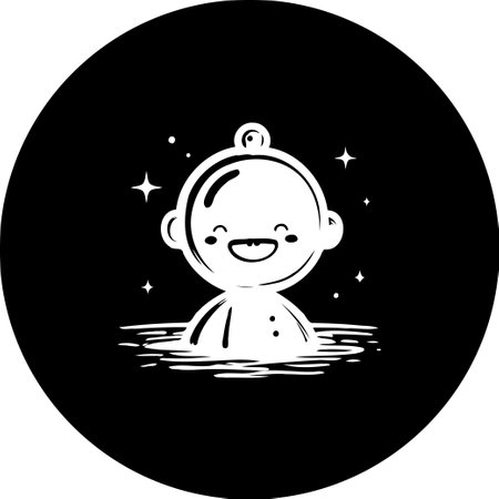 A delightful monochrome illustration depicts a cheerful baby enjoying a playful swim in a stylized watery setting. The image radiates happiness, innocence, and childlike wonder.のイラスト素材
