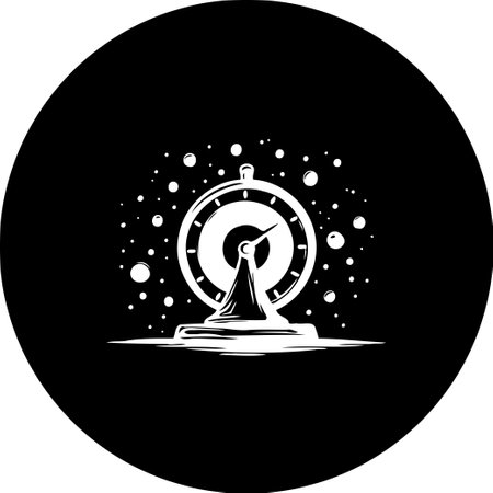 Stylized white clock face icon with an unusual pointer shape and scattered dots, set against a plain black circular background, representing abstract concept of time.のイラスト素材
