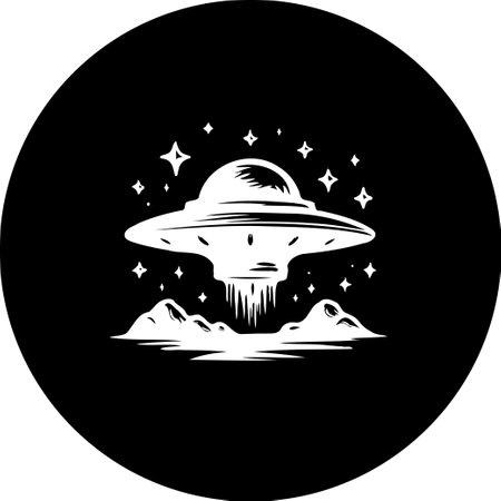 Monochromatic stylized image depicts a unidentified flying object descending towards a mountainous terrain under a star-filled sky, evoking themes of science fiction and cosmic exploration.のイラスト素材