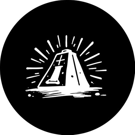 Striking monochrome graphic of a pyramid-like structure emitting rays, set against a dark circle. A bold, stylized emblem suitable for diverse applications.のイラスト素材