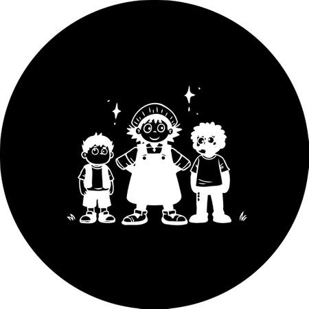 A minimalist illustration showcases children characters within a monochromatic scene, evoking charm and playfulness. The drawing style brings a children's book atmosphere, portraying friendship and joyful innocence.のイラスト素材
