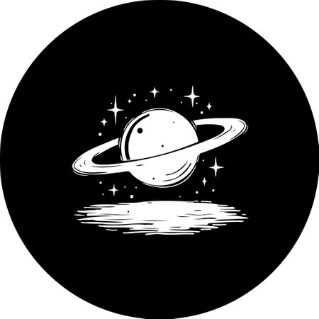 Stylized digital illustration of a planet with prominent rings, amidst sparkling cosmic dust, presented against a dark backdrop to evoke a sense of cosmic mystery and infinite exploration.のイラスト素材