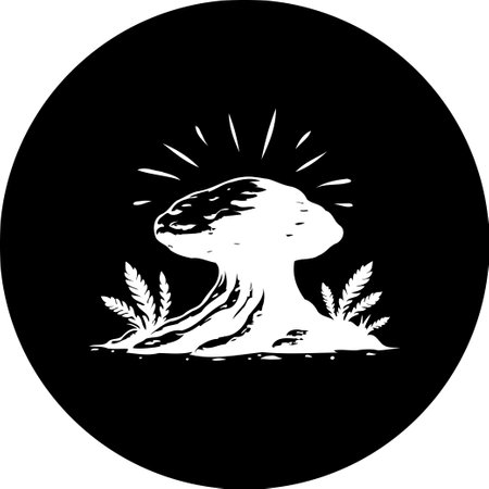 A stylized, monochrome graphic illustrating a mushroom. The design is simple and elegant, featuring the fungus with radiating light and foliage.のイラスト素材