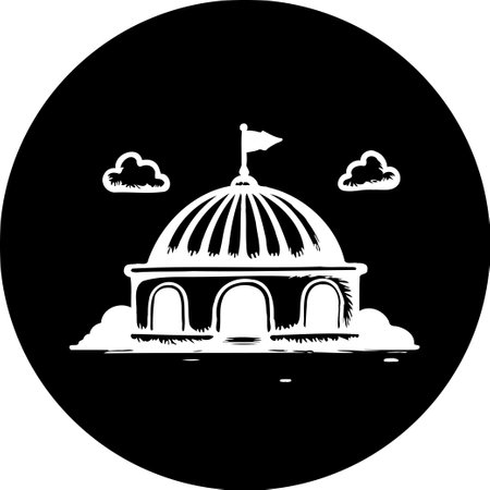 A stylized illustration of a capitol building with a central dome and waving flag, framed by fluffy clouds against a bold black background.のイラスト素材