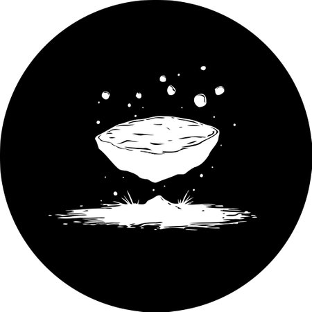 A surreal graphic design featuring a floating geological formation. The artistic illustration employs contrasting light and dark elements, conjuring a sense of mystery within a cosmic landscape.のイラスト素材