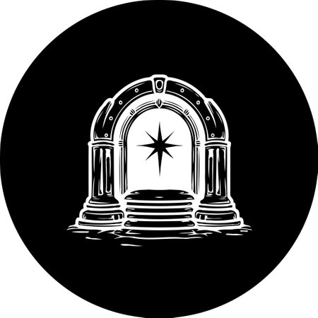 Vector illustration featuring a symbolic portal. An architectural gateway design with a radiant star at its heart. Ideal for fantasy concepts and metaphysical illustrations.のイラスト素材