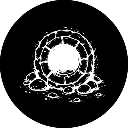 A simple black and white illustration features a stylized well. The image is set against a circular black backdrop creating a bold, graphic representation of an age-old water source.のイラスト素材
