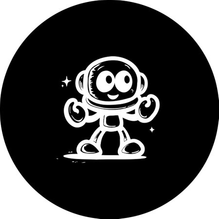 This is a minimalist black and white illustration featuring a cartoon-style astronaut. The design has a whimsical and playful quality, evoking a sense of adventure and space exploration.のイラスト素材