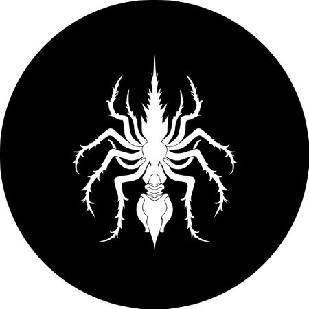 A stylized, vector illustration showcases a spider in striking white against a solid black background. The simple design emphasizes the spider's silhouette and evokes a sense of minimalist design.のイラスト素材