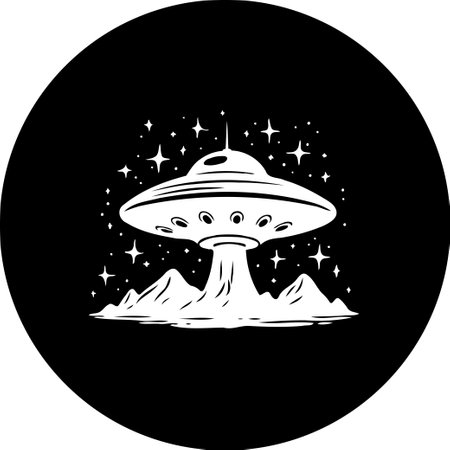 A stylized monochrome illustration features a UFO positioned above a mountainous landscape, surrounded by a scattering of stars against a black backdrop. It evokes themes of mystery, space travel, and cosmic encounters.のイラスト素材