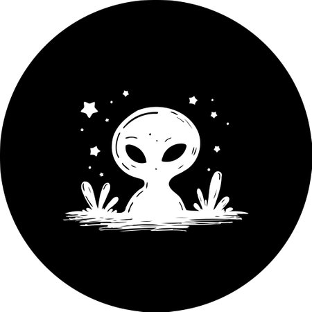 A minimalist illustration showcases a curious alien figure emerging from vegetation, surrounded by scattered stars against a dark background. The drawing style is simple, clean, and modern, evoking a sense of whimsical wonder and otherworldly encounter.のイラスト素材