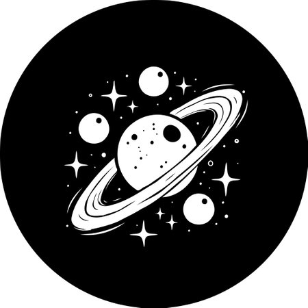 A stylized graphic illustration depicts a ringed planet surrounded by celestial bodies. Evokes a sense of cosmic exploration and the beauty of the universe.のイラスト素材