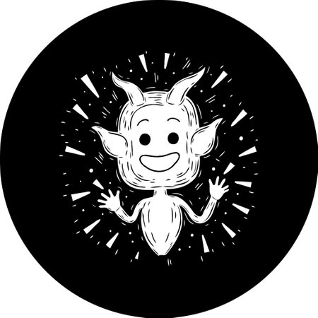 A stylized cartoonish illustration features a happy, impish character with horns, radiating lines, and a playful expression set against a solid black background.のイラスト素材