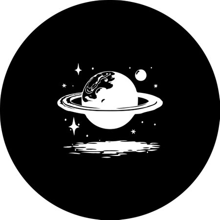 A monochrome illustration showcases a ringed planet floating in space. Stars and a distant celestial body create a cosmic scene, evoking themes of exploration and mystery.のイラスト素材