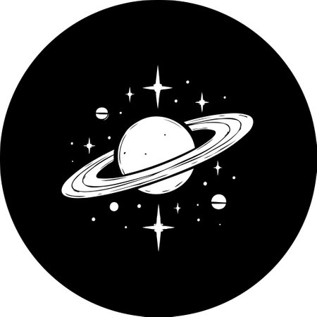 A stylized graphic illustration displays a ringed planet surrounded by twinkling stars, set against a deep black background, evocative of cosmic exploration and celestial wonder.のイラスト素材