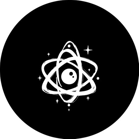 An abstract, monochromatic depiction of an atom, suggestive of scientific research, quantum physics, and technological innovation. The illustration evokes exploration and the quest for knowledge.のイラスト素材