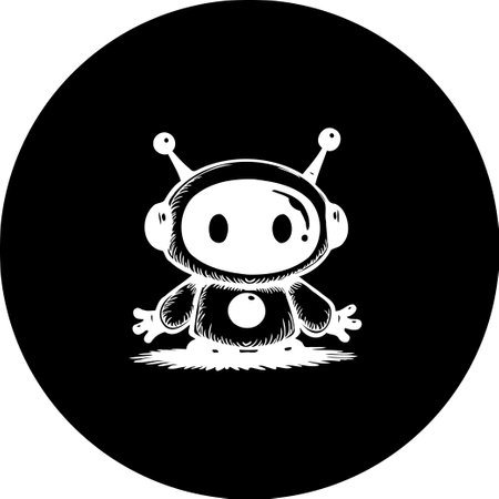 A whimsical character illustration rendered in monochrome. The design showcases a simple, adorable robot-like figure, ideal for various creative or decorative applications.のイラスト素材
