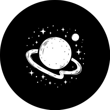 A stylized monochrome depiction showcases a celestial sphere encircled by a prominent ring, accompanied by an array of scattered stars, evoking cosmic wonder and astronomical intrigue.のイラスト素材