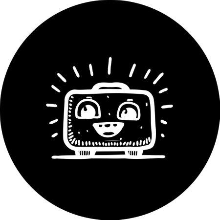 A whimsical hand-drawn style illustration of a suitcase with a cute face, set against a bold black circular background. Perfect for travel themes and fun creative concepts.のイラスト素材
