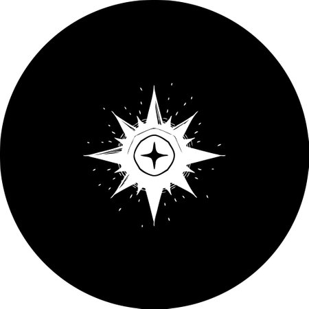 Abstract starburst emblem in white against a dark circular background. Graphic design concept suitable for logos and illustrations.のイラスト素材