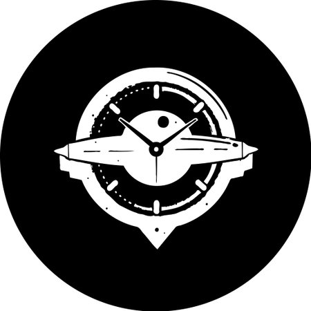 A black and white stylized emblem featuring a clock face integrated with an airplane silhouette. Represents themes of punctuality, the aviation industry, and time management.のイラスト素材