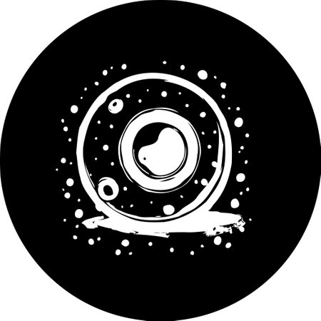 An abstract image showcases a central circular form embellished with speckled dots and bold brushstroke accents. The monochrome palette and raw, textural style evoke a contemporary graphic feel.のイラスト素材