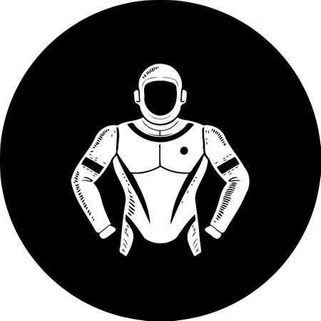 A simple stylized drawing of an astronaut in a spacesuit within a black circular frame. Clean lines and a minimalist aesthetic convey a sense of space exploration.のイラスト素材