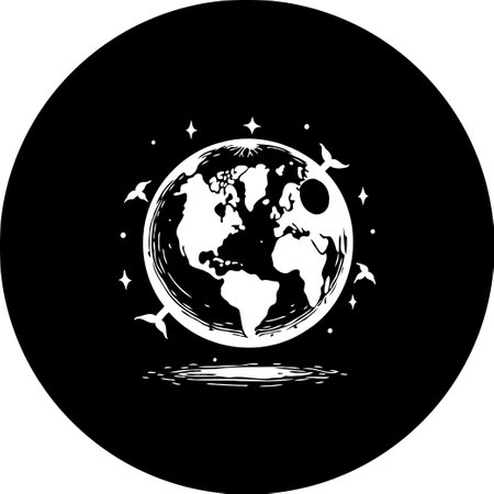 Stylized earth illustration. Earth image encircled by flying birds and glittering stars. A monochromatic drawing evokes themes of global travel and discovery, rendered with a modern artistic design.のイラスト素材