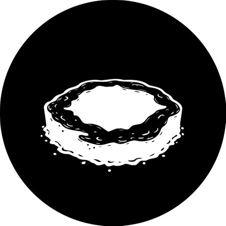 Stylized illustration of a sweet treat within a black circle. The treat is topped with icing, offering a clean, minimalist design aesthetic. Represents indulgence and simple pleasure.のイラスト素材