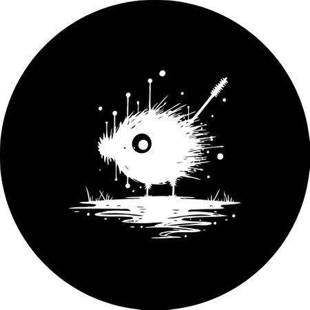 A captivating black and white illustration features an odd creature with expressive, splattered details. Set against a circular background, it evokes a sense of playful surrealism.のイラスト素材