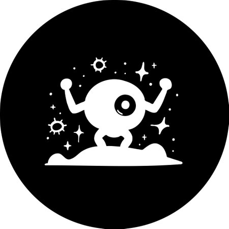 A cyclopean alien explorer lands on a strange planet amidst a scattering of stars, rendered in monochrome. This cartoon style vector graphic evokes a sense of wonder and cosmic adventure.のイラスト素材