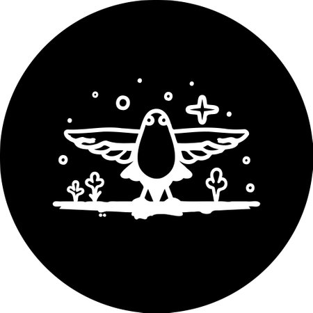 A stylized bird emblem is centered against a dark circle, adorned with celestial elements like stars. This minimalist graphic design emphasizes nature and artistic expression.のイラスト素材