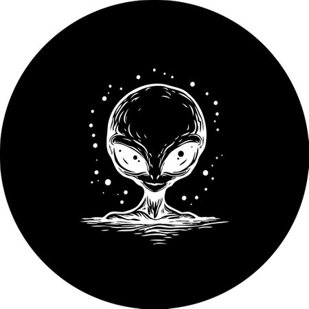 A captivating monochrome drawing features an enigmatic alien figure enclosed within a perfect circle. Its striking silhouette and cosmic undertones evoke a sense of wonder and curiosity about the mysteries of the universe.のイラスト素材