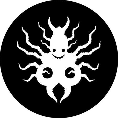 A stylized white silhouette presents a peculiar mythical creature against a solid black circular backdrop. It combines insectoid and demon-like features in a whimsical yet unsettling aesthetic.のイラスト素材